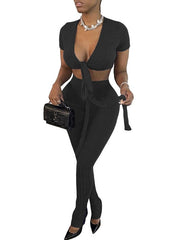 Two Piece Sets V-Neck Split Front Lace Up Casual Outfit Mssza