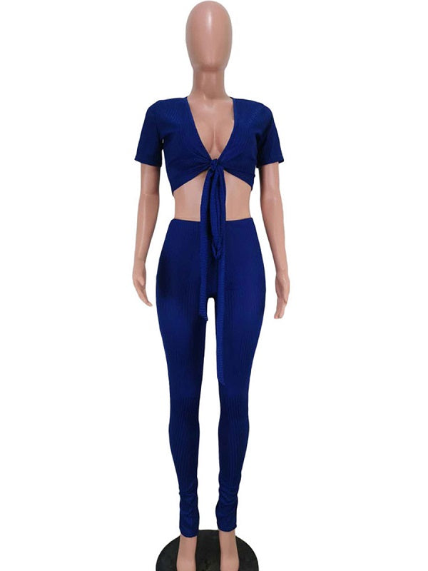 Two Piece Sets V-Neck Split Front Lace Up Casual Outfit Mssza