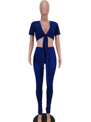 Two Piece Sets V-Neck Split Front Lace Up Casual Outfit Mssza