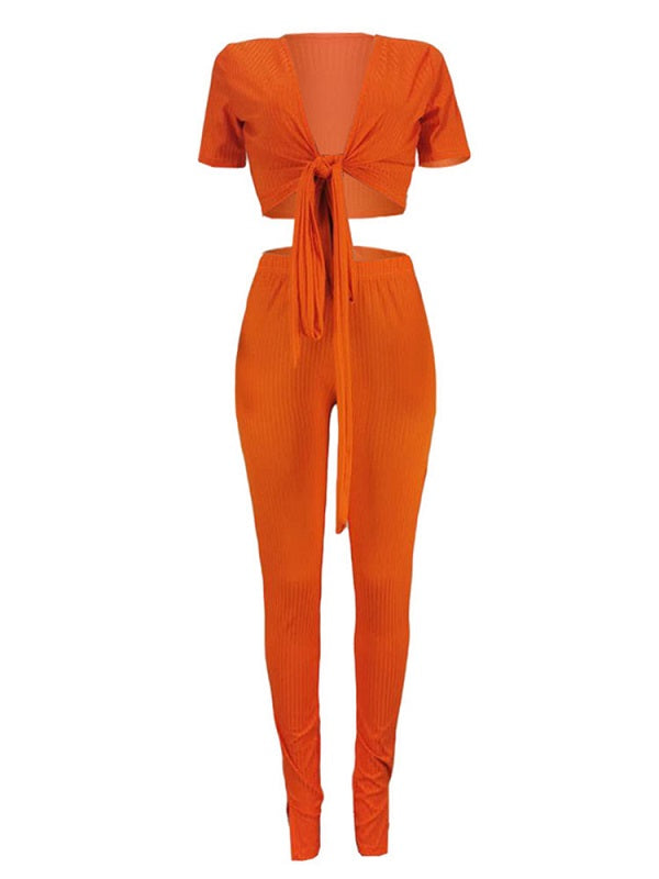 Two Piece Sets V-Neck Split Front Lace Up Casual Outfit Mssza
