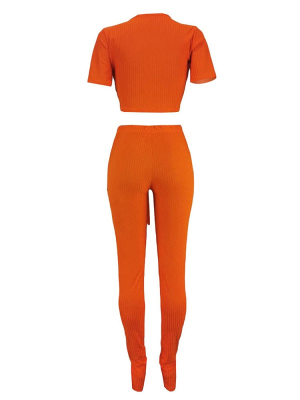 Two Piece Sets V-Neck Split Front Lace Up Casual Outfit Mssza