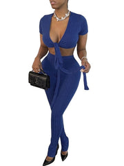 Two Piece Sets V-Neck Split Front Lace Up Casual Outfit Mssza