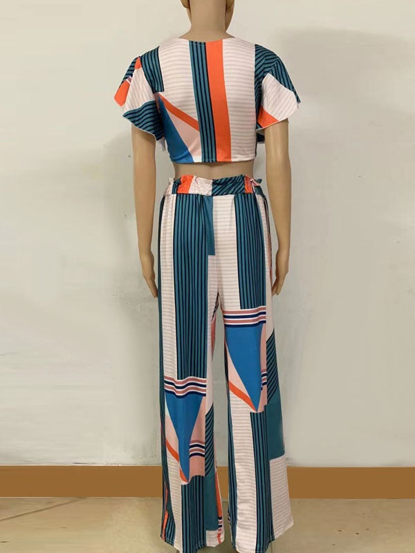 Two Piece Sets V-Neck Stripes Pleated Lace Up Top Outfit Mssza