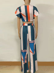 Two Piece Sets V-Neck Stripes Pleated Lace Up Top Outfit Mssza