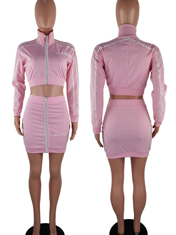 Two Piece Sets Zipper Two-Tone Turndown Collar Outfit Mssza