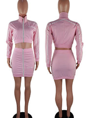 Two Piece Sets Zipper Two-Tone Turndown Collar Outfit Mssza