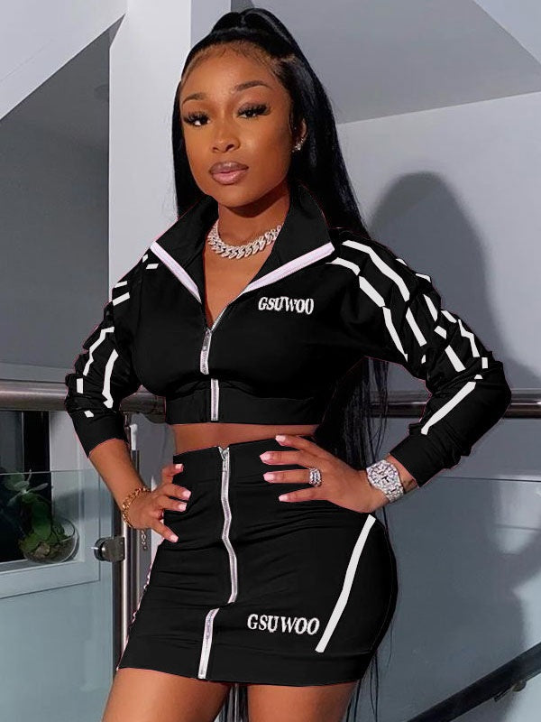 Two Piece Sets Zipper Two-Tone Turndown Collar Outfit Mssza