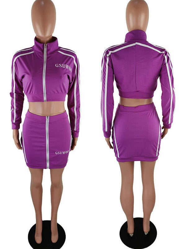 Two Piece Sets Zipper Two-Tone Turndown Collar Outfit Mssza
