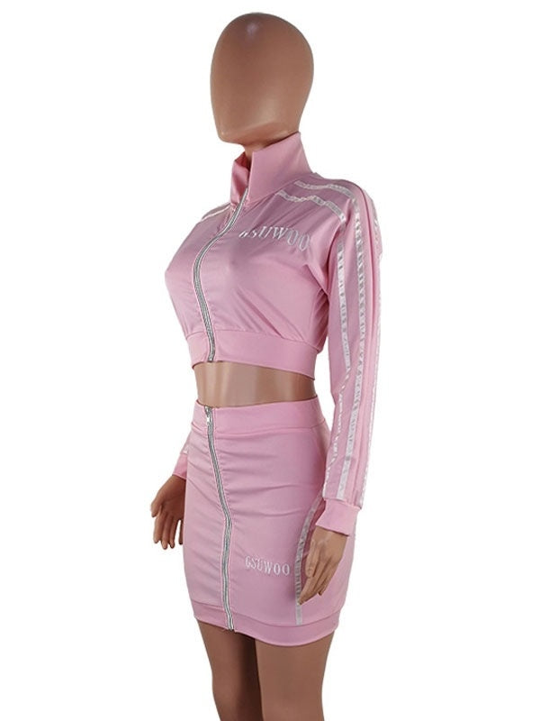Two Piece Sets Zipper Two-Tone Turndown Collar Outfit Mssza