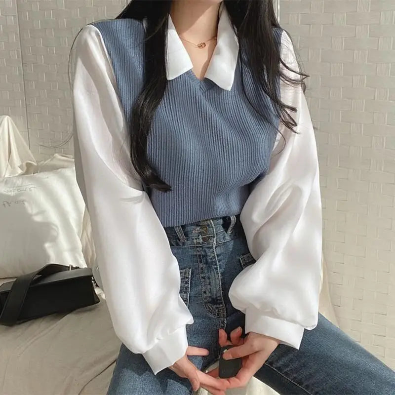 Two-piece Polo Collar Casual Streetwear Loose Pullovers Elegant Blouses Mssza
