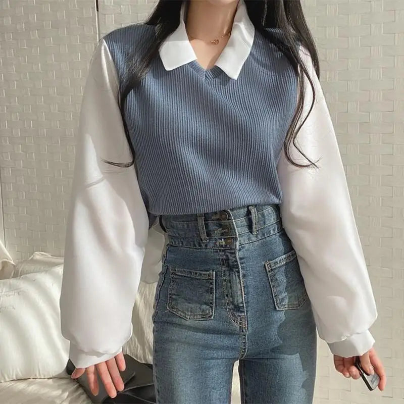 Two-piece Polo Collar Casual Streetwear Loose Pullovers Elegant Blouses Mssza