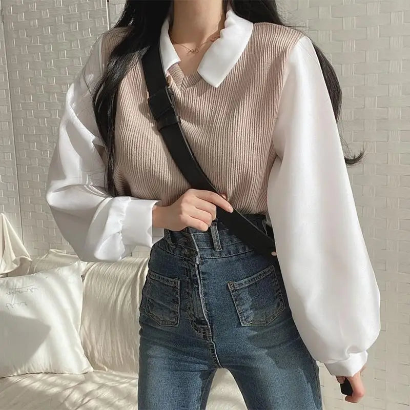 Two-piece Polo Collar Casual Streetwear Loose Pullovers Elegant Blouses Mssza