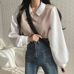 Two-piece Polo Collar Casual Streetwear Loose Pullovers Elegant Blouses Mssza