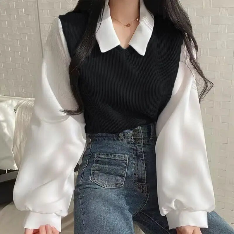 Two-piece Polo Collar Casual Streetwear Loose Pullovers Elegant Blouses Mssza