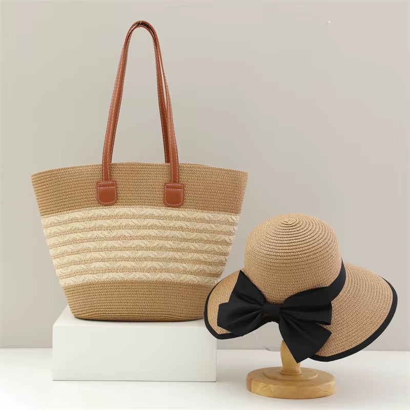 Two-piece Set Beach Bag Wide Brim Back-open Big Bowknot Staw Hats Mssza