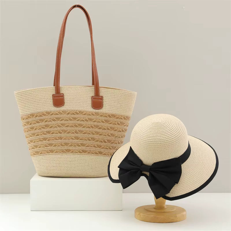 Two-piece Set Beach Bag Wide Brim Back-open Big Bowknot Staw Hats Mssza