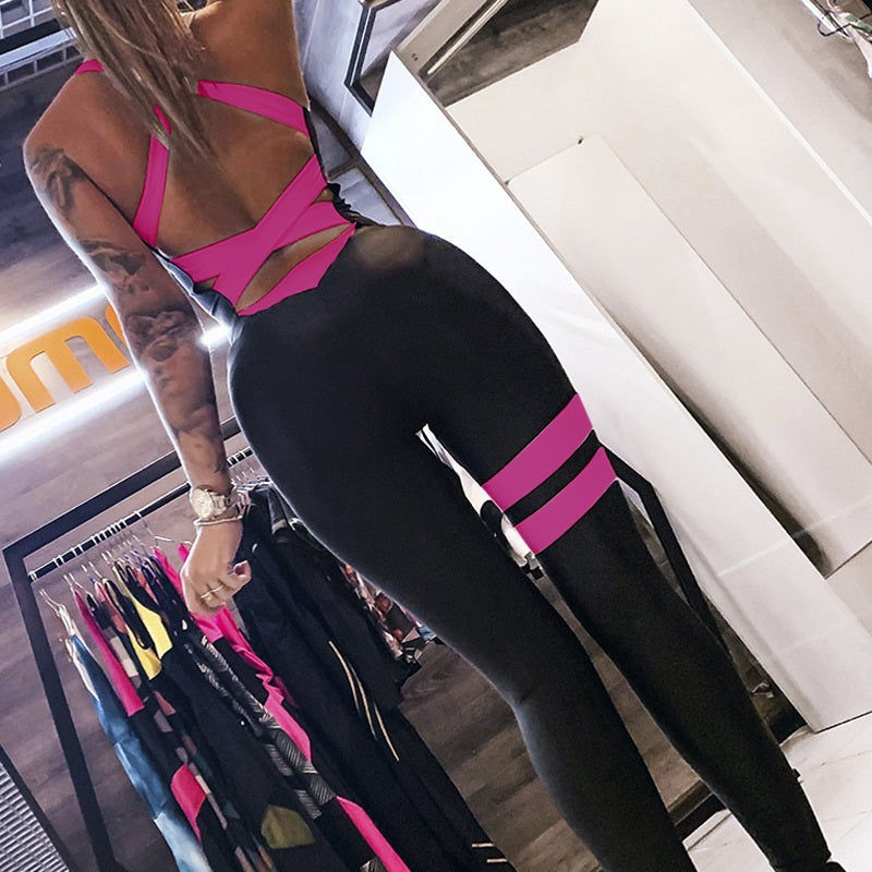 U Neck Cross Belt Backless Colorblock Fitness Jumpsuit Mssza