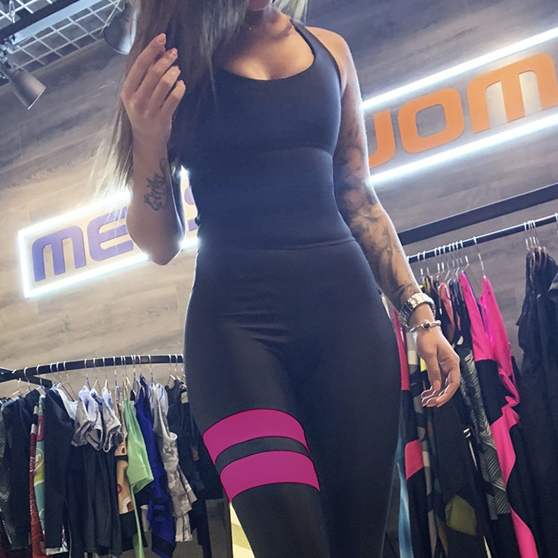 U Neck Cross Belt Backless Colorblock Fitness Jumpsuit Mssza