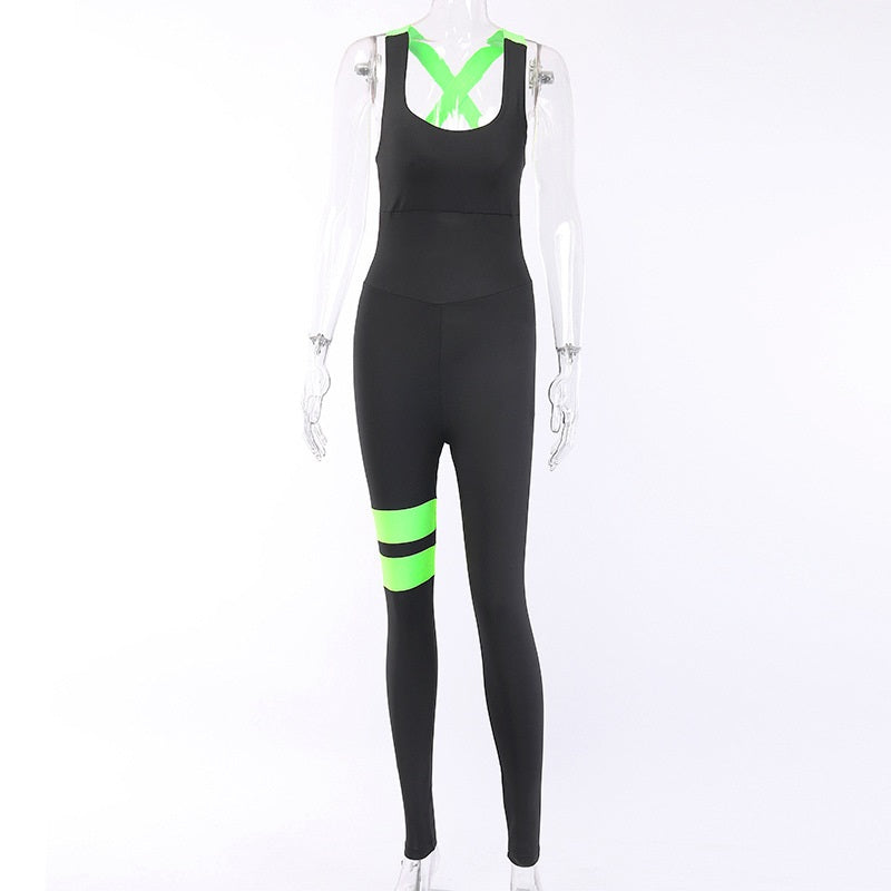 U Neck Cross Belt Backless Colorblock Fitness Jumpsuit Mssza