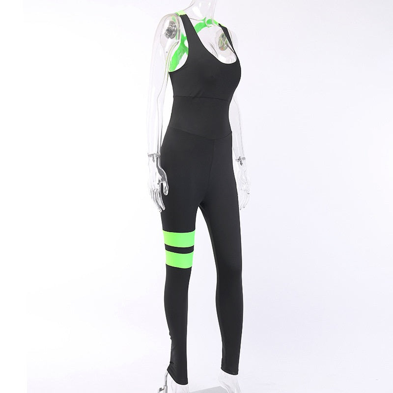 U Neck Cross Belt Backless Colorblock Fitness Jumpsuit Mssza