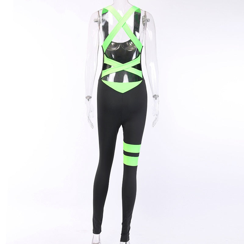 U Neck Cross Belt Backless Colorblock Fitness Jumpsuit Mssza