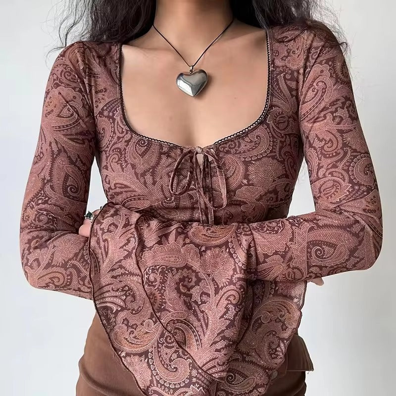 Sweet U-neck Print Flare Sleeve Lace-up Streetwear Beach Tees Crop Top Mssza
