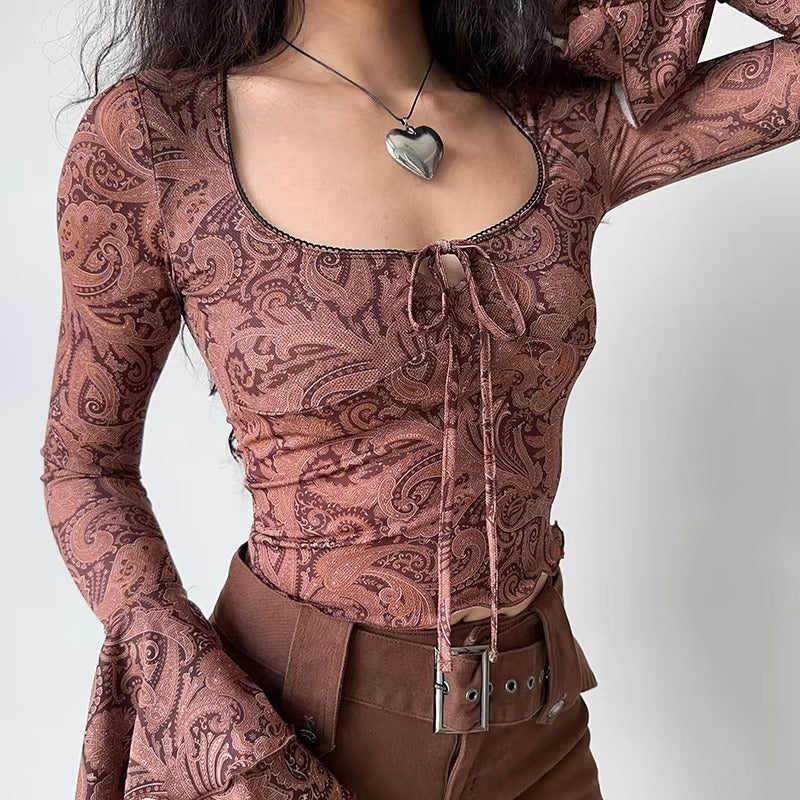 Sweet U-neck Print Flare Sleeve Lace-up Streetwear Beach Tees Crop Top Mssza