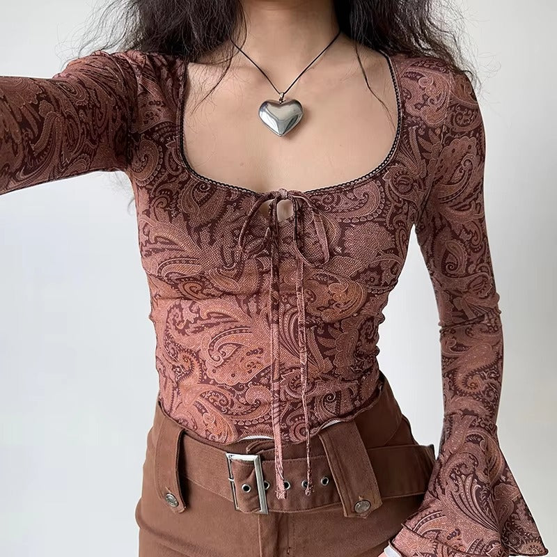 Sweet U-neck Print Flare Sleeve Lace-up Streetwear Beach Tees Crop Top Mssza