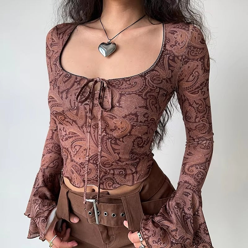 Sweet U-neck Print Flare Sleeve Lace-up Streetwear Beach Tees Crop Top Mssza