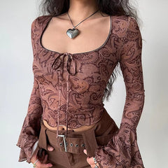 Sweet U-neck Print Flare Sleeve Lace-up Streetwear Beach Tees Crop Top Mssza