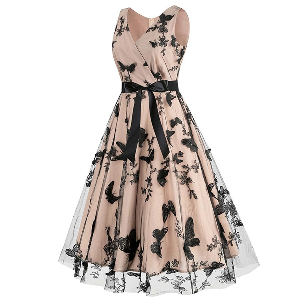 V Neck Belt Sleeveless A-Line Vintage Butterfly Embroidery Mesh Patchwork Party Dress For Woman Summer Mssaz Desses