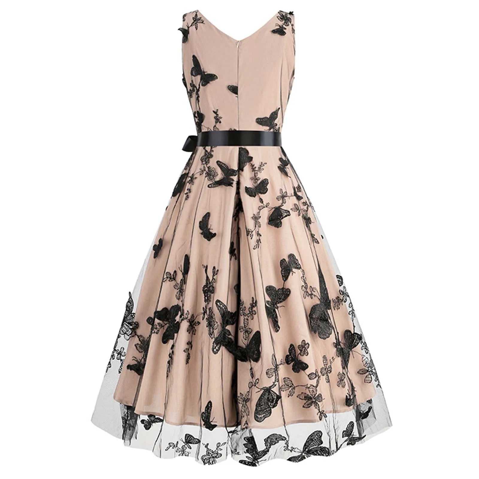 V Neck Belt Sleeveless A-Line Vintage Butterfly Embroidery Mesh Patchwork Party Dress For Woman Summer Mssaz Desses