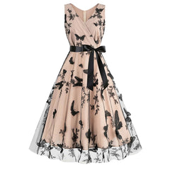V Neck Belt Sleeveless A-Line Vintage Butterfly Embroidery Mesh Patchwork Party Dress For Woman Summer Mssaz Desses