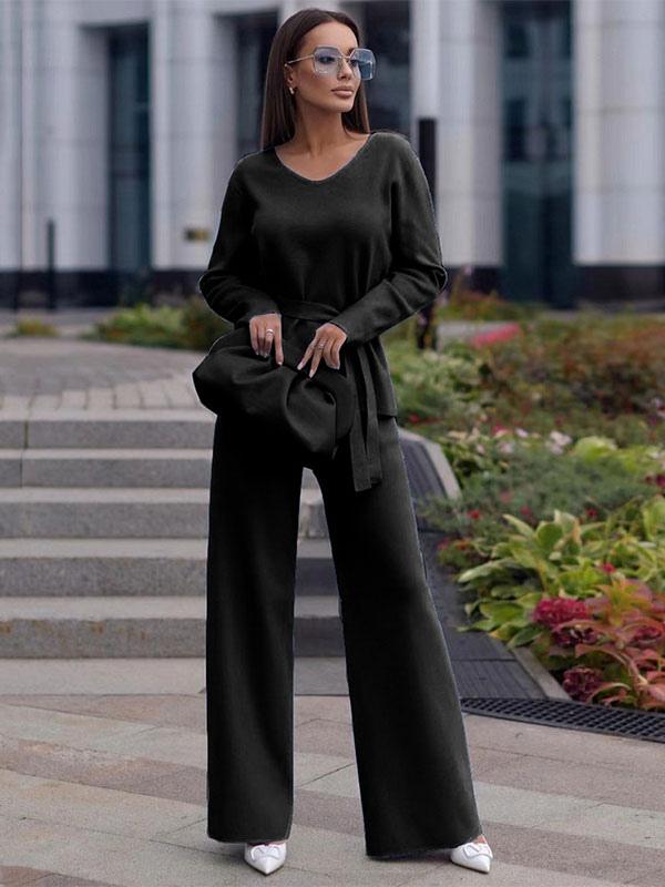 V-Neck  Daily Casual Fall Solid Sash Elegant And Vintgae Pant Set Mssza