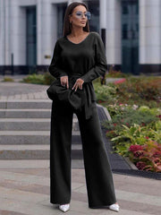 V-Neck  Daily Casual Fall Solid Sash Elegant And Vintgae Pant Set Mssza