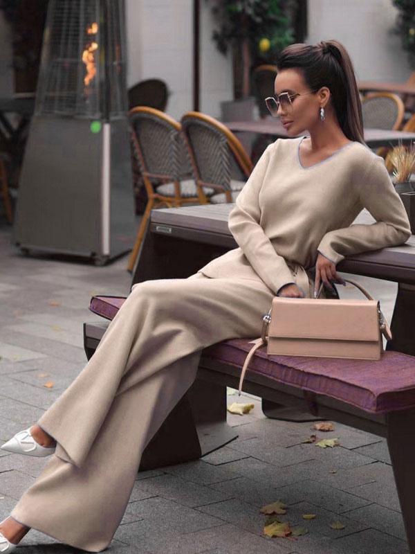 V-Neck  Daily Casual Fall Solid Sash Elegant And Vintgae Pant Set Mssza