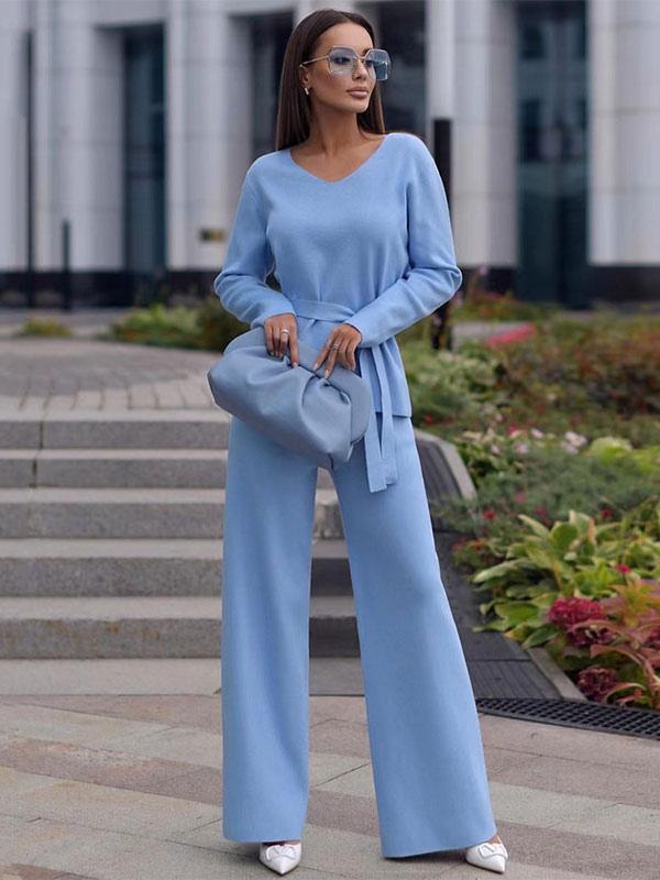 V-Neck  Daily Casual Fall Solid Sash Elegant And Vintgae Pant Set Mssza