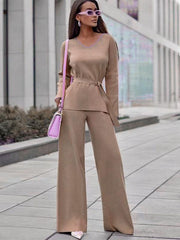 V-Neck  Daily Casual Fall Solid Sash Elegant And Vintgae Pant Set Mssza