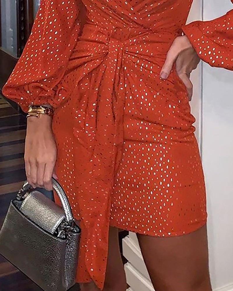 V Neck Hot Stamping Lantern Sleeve Ruched Dress Long Sleeve Party Dress Mssaz Desses