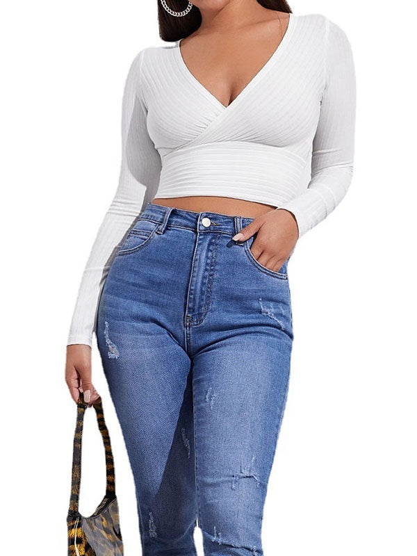 V Neck Long Sleeves Polyester T Shirt Mssza