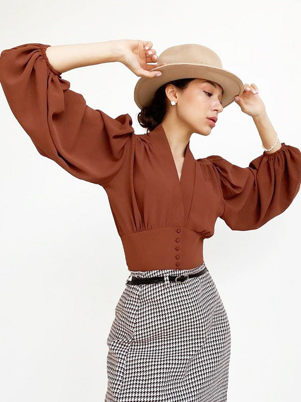 V-Neck Long Sleeves Tatting Tops Mssza