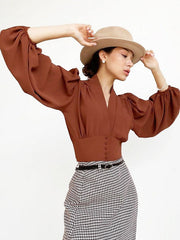 V-Neck Long Sleeves Tatting Tops Mssza