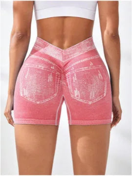 V Back Faux Jeans Elastic Workout Sports Yoga Butt Lifting Fitness Athletic Short Mssza