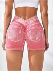 V Back Faux Jeans Elastic Workout Sports Yoga Butt Lifting Fitness Athletic Short Mssza
