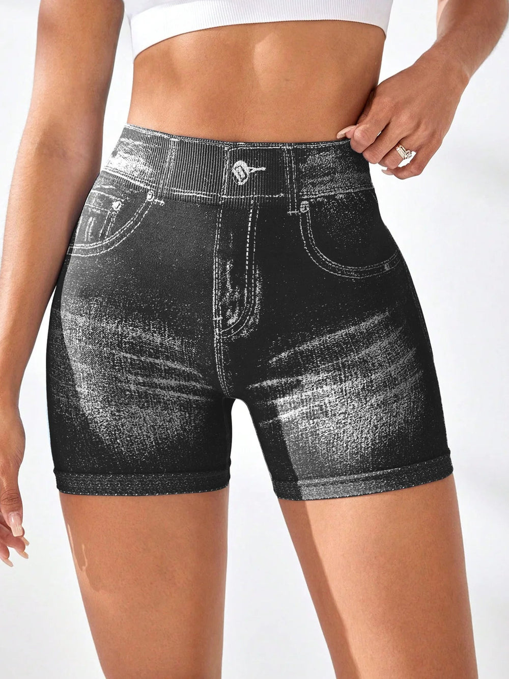 V Back Faux Jeans Elastic Workout Sports Yoga Butt Lifting Fitness Athletic Short Mssza