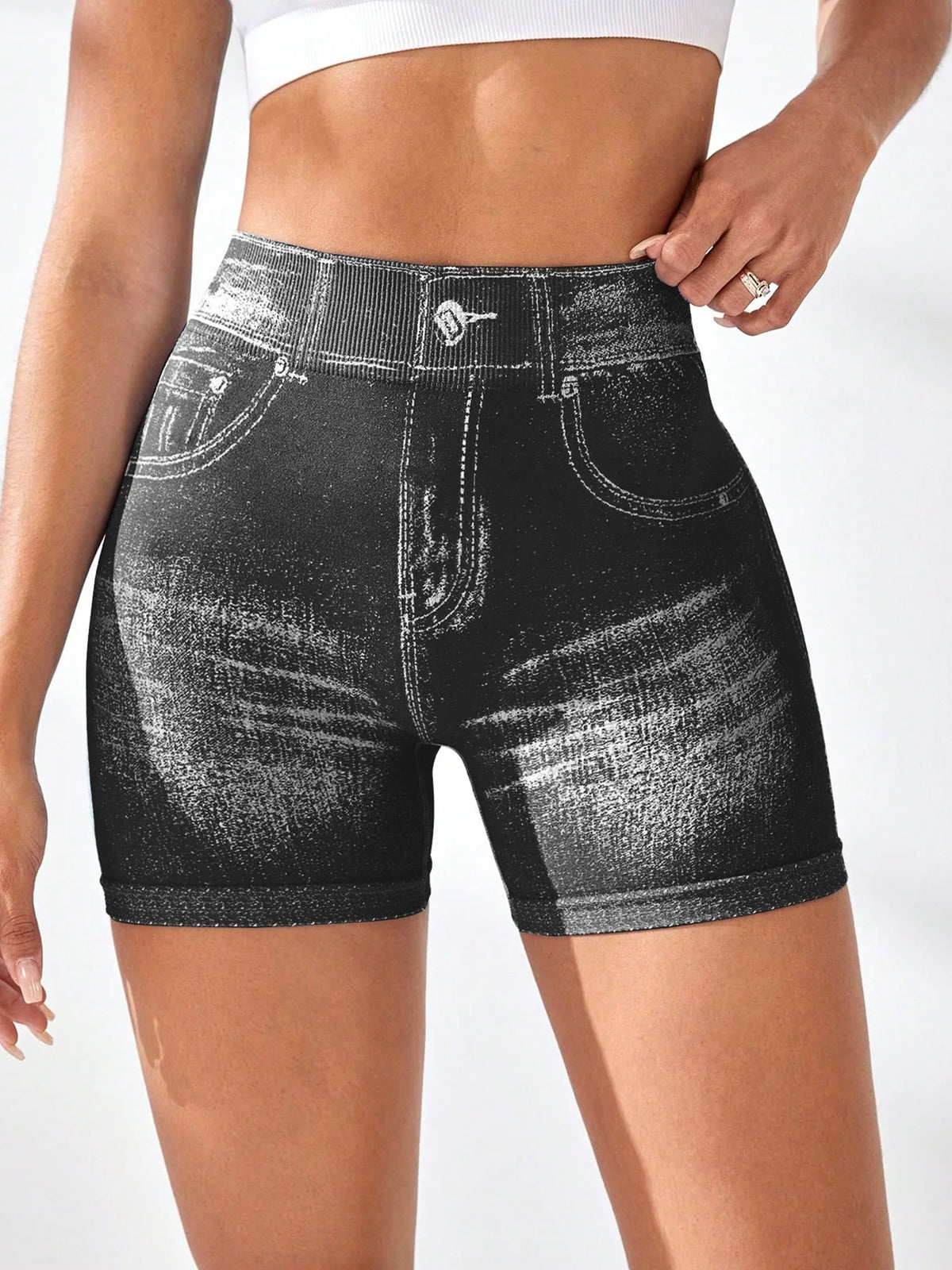 V Back Faux Jeans Elastic Workout Sports Yoga Butt Lifting Fitness Athletic Short Mssza