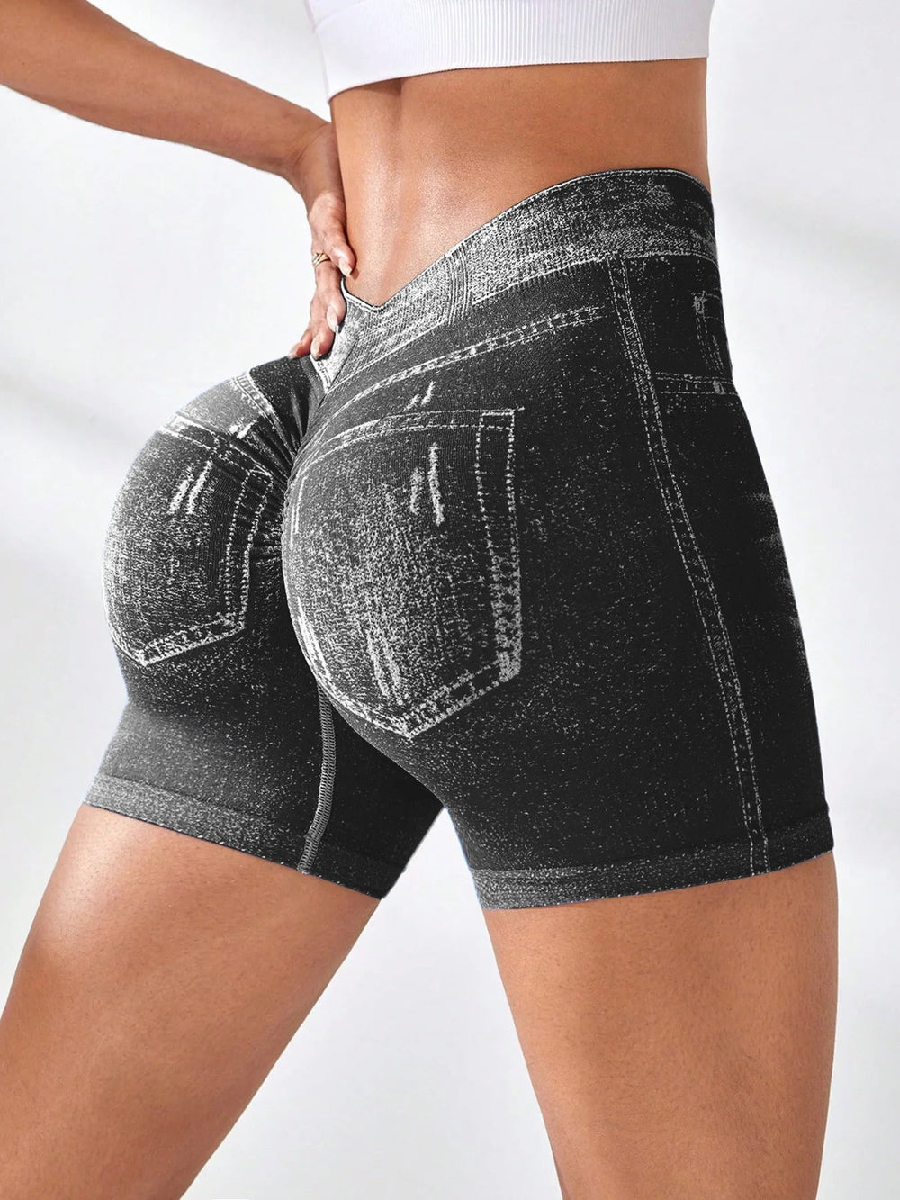 V Back Faux Jeans Elastic Workout Sports Yoga Butt Lifting Fitness Athletic Short Mssza