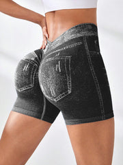 V Back Faux Jeans Elastic Workout Sports Yoga Butt Lifting Fitness Athletic Short Mssza