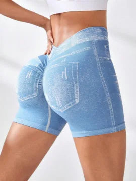 V Back Faux Jeans Elastic Workout Sports Yoga Butt Lifting Fitness Athletic Short Mssza