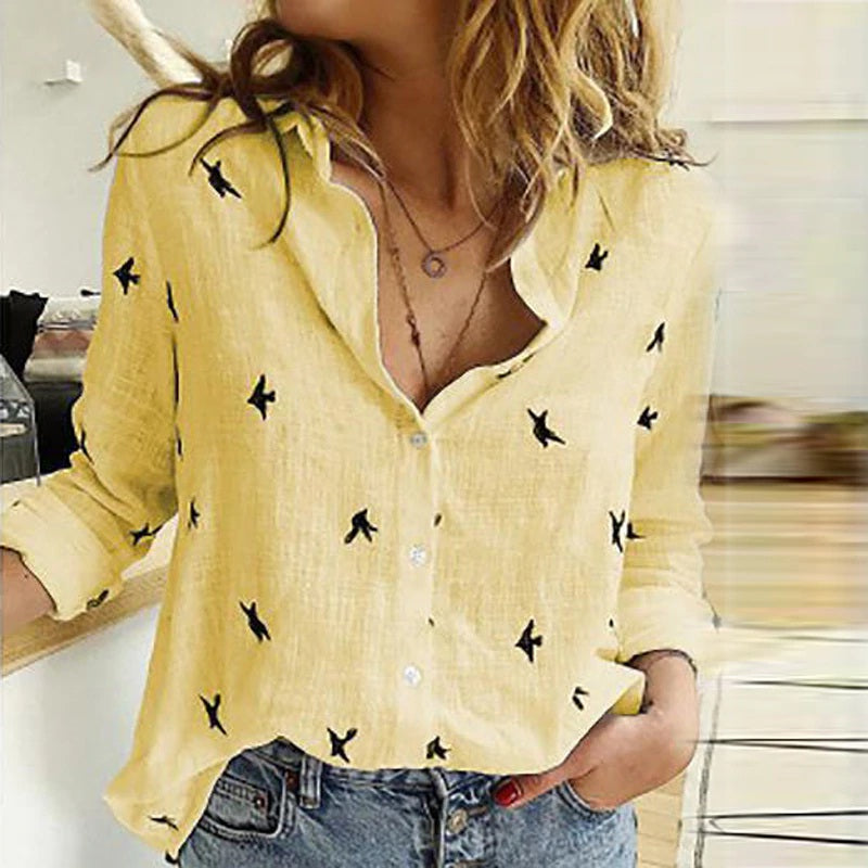 V-neck Floral Print Casual Button Long Sleeve Street Wear Shirt Mssza